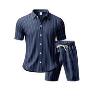 Generico Camicia Uomo in Lino,Camicia Uomo in Lino Jacquard a Righe Larghe con Maniche Corte Moda per Europa e Stati Uniti