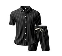 Generico Camicia Uomo in Lino,Camicia Uomo in Lino Jacquard a Righe Larghe con Maniche Corte Moda per Europa e Stati Uniti