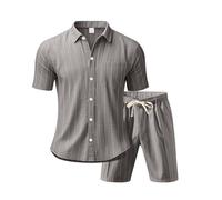 Generico Camicia Uomo in Lino,Camicia Uomo in Lino Jacquard a Righe Larghe con Maniche Corte Moda per Europa e Stati Uniti