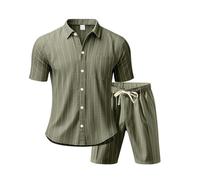 Generico Camicia Uomo in Lino,Camicia Uomo in Lino Jacquard a Righe Larghe con Maniche Corte Moda per Europa e Stati Uniti