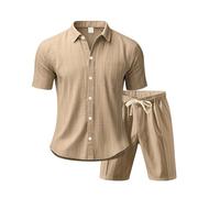 Generico Camicia Uomo in Lino,Camicia Uomo in Lino Jacquard a Righe Larghe con Maniche Corte Moda per Europa e Stati Uniti