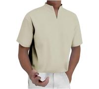 Generico Camicia Uomo Maniche Corte Cotone e Lino,a Maniche Corte,con Scollo a V,Tinta Unita,Maglietta da Uomo in Cotone e Lino,per Estiva Beach Spiaggia (Cachi, XXL)