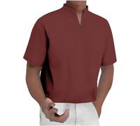 Generico Camicia Uomo Maniche Corte Cotone e Lino,a Maniche Corte,con Scollo a V,Tinta Unita,Maglietta da Uomo in Cotone e Lino,per Estiva Beach Spiaggia (Rosso, XXL)