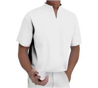 Generico Camicia Uomo Maniche Corte Cotone e Lino,a Maniche Corte,con Scollo a V,Tinta Unita,Maglietta da Uomo in Cotone e Lino,per Estiva Beach Spiaggia (Bianco, XL)