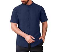 Generico Camicia Uomo Maniche Corte Cotone Lino Casual,con Bottoni,per L'Estate e Le Vacanze al Mare. per Una Cena Amici(Navy, L)