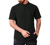 Generico Camicia Uomo Maniche Corte Cotone Lino Casual,con Bottoni,per L'Estate e Le Vacanze al Mare. per Una Cena Amici(Black, XL)