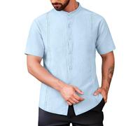 Generico Camicia Uomo Maniche Corte Cotone Lino Casual,con Bottoni,per L'Estate e Le Vacanze al Mare. per Una Cena Amici(Light Blue, XXXL)