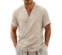 Generico Camicia Uomo Maniche Corte in Stile Cotone e Lino,Modello Casual con Scollo a V,vestibilità Ampia,ID Eale per L'Estate,Leggera Giapponese da Uomo Estiva Beach (Beige, XL)