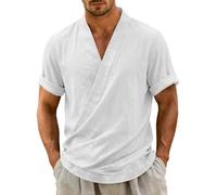 Generico Camicia Uomo Maniche Corte in Stile Cotone e Lino,Modello Casual con Scollo a V,vestibilità Ampia,ID Eale per L'Estate,Leggera Giapponese da Uomo Estiva Beach (Bianco, XXL)