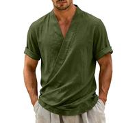 Generico Camicia Uomo Maniche Corte in Stile Cotone e Lino,Modello Casual con Scollo a V,vestibilità Ampia,ID Eale per L'Estate,Leggera Giapponese da Uomo Estiva Beach (Neroish Verde, 3XL)