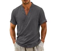 Generico Camicia Uomo Maniche Corte in Stile Cotone e Lino,Modello Casual con Scollo a V,vestibilità Ampia,ID Eale per L'Estate,Leggera Giapponese da Uomo Estiva Beach (Grigio Scuro, L)