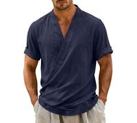 Generico Camicia Uomo Maniche Corte in Stile Cotone e Lino,Modello Casual con Scollo a V,vestibilità Ampia,ID Eale per L'Estate,Leggera Giapponese da Uomo Estiva Beach (Marina Militare, S)