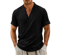Generico Camicia Uomo Maniche Corte in Stile Cotone e Lino,Modello Casual con Scollo a V,vestibilità Ampia,ID Eale per L'Estate,Leggera Giapponese da Uomo Estiva Beach (Nero, 3XL)