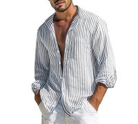Generico Camicia Uomo Maniche Lunghe a Bottoni con Righe Verticali, Taglio Ampio Casual, Indumento Adatto per Tempo Libero e Usi sulla Spiaggia nella Stagione Estiva(Grey, L)