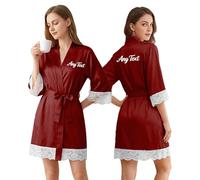 Generico Camicie da Notte da Donna in Seta Personalizzate con Testo Ricamato, Vestaglia da Damigella d'Onore con Bordo in Pizzo, Regalo per Matrimonio La Festa della Mamma, San Val S-XL (Wine)