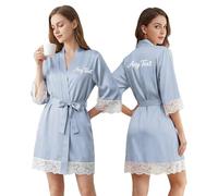 Generico Camicie da Notte da Donna in Seta Personalizzate con Testo Ricamato, Vestaglia da Damigella d'Onore con Bordo in Pizzo, Regalo per Matrimonio La Festa della Mamma, San Val S-XL (Sky Blue)