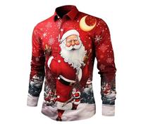 Generico Camicie da Uomo Natalizie Elegante, Camicia Uomo Manica Lunga Abbottonata, Magliette Slim Fit Colletto Risvolto Stampato Natalizio Shirt X-mas Grafica Top Hawaiana per Le Vacanze Natalizie