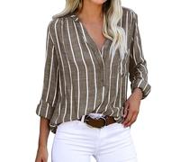 Generico Camicie Donna Estive,Camicette Donna Eleganti Scollo A V Manica Lunga con Bottoni Bluse A Righe Vintage Comodo Leggero Larghi Casual Camicetta da Lavoro