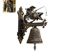 Generico Campanello da parete a forma di pescatore scheletro - Decorazione per esterni “Questo è il mio posto felice”, scultura da parete retrò a tema pesca, per veranda, baita, patio, cancello