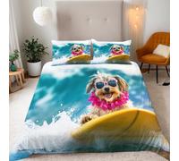 Generico Cane Copripiumino Matrimoniale 260x240 Cane Che Fa Surf In Mare Parure Copripiumino Matrimoniale Set Di Biancheria Da Letto, Microfibra con Cerniera 3 Pezzi e 2 x Federe 50x75cm