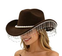Generico Cappello Cowboy con Pietre Strass,Copricapo Elegante A Tesa Larga | Cappello Da Cowboy Splendente Con Bordo Di Perle - Per l Carnevale Concerto Musicale Matrimonio Celebrazione Cosplay