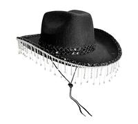 Generico Cappello da Cowboy per Signore - Cappello Western a Tesa Larga,Copricapo Con Frange E Strass Per Festival Musicali, Stile Elegante E Lucente