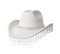 Generico Cappello da Cowboy Western con Applique a Cuori e Frange per Feste Festival e Danza Country Cappello per Uomo e Donna Festivo(White, One Size)