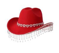 Generico Cappello da Cowboy Western con Applique a Cuori e Frange per Feste Festival e Danza Country Cappello per Uomo e Donna Festivo(Red, One Size)