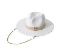 Generico Cappello di Paglia con monogramma RB, Parte Superiore concava e Spilla a Catena, Cappello da Sole Estivo per Spiaggia e Ombra all'aperto(A03White)