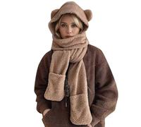 Generico Cappello Sciarpa E Guanti Donna,Sciarpa da Donna con Cappello da Orso Simpatico Cartone Animato Autunno Leggero Caldo Confortevole in Cotone con Bordo per L'Orecchio