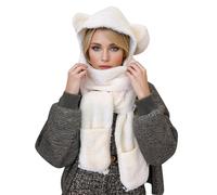 Generico Cappello Sciarpa E Guanti Donna,Sciarpa da Donna con Cappello da Orso Simpatico Cartone Animato Autunno Leggero Caldo Confortevole in Cotone con Bordo per L'Orecchio