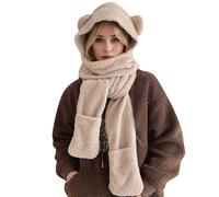 Generico Cappello Sciarpa E Guanti Donna,Sciarpa da Donna con Cappello da Orso Simpatico Cartone Animato Autunno Leggero Caldo Confortevole in Cotone con Bordo per L'Orecchio