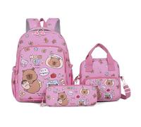 Generico Capybara Backpack Cute Kawaii Backpack 3Pcs Set with Lunch Bag and Pencil Case, Funny Going Out Cartoon Laptop Travel Bag (Pink red)