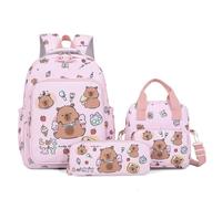 Generico Capybara Backpack Cute Kawaii Backpack 3Pcs Set with Lunch Bag and Pencil Case, Funny Going Out Cartoon Laptop Travel Bag (Pink)