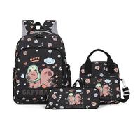 Generico Capybara Backpack Cute Kawaii Backpack 3Pcs Set with Lunch Bag and Pencil Case, Funny Going Out Cartoon Laptop Travel Bag (Black)