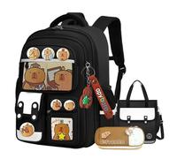 Generico Capybara Backpack Cute Kawaii Backpack 3Pcs Set with Lunch Bag and Pencil Case, Keychain, Funny Going Out Cartoon Bag (Black)