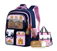 Generico Capybara Backpack Cute Kawaii Backpack 3Pcs Set with Lunch Bag and Pencil Case, Keychain, Funny Going Out Cartoon Bag (Pink blue)
