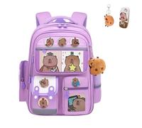 Generico Capybaras Backpack for School,Capybaras Cute Kawaii Cartoon Backpack,Waterproof Cute Kawaii Cartoon Casual Bag, with 1 Plush Pendant, 3 Card, 6 Badge & 1 Pencil case (purple)
