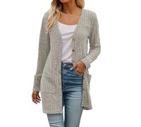 Generico Cardigan Donna Lungo in Coste, Maglione Aperto Davanti con Bottoni e Tasche, Casual Comoda per Autunno Inverno