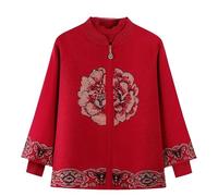 Generico Cardigan Lavorato A Maglia da Donna, Elegante, con Ricami Floreali, Scialle, Maniche Lunghe, Colletto con Pizzo, Coordinato Lavorato A Maglia per Donne di Mezza età E Anziane, Rosso L