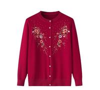 Generico Cardigan Lavorato a Maglia per Donna di Mezza età E anziana, Casual, Girocollo, con Stampa Ricamata, da Mamma, Caldo, Cappotto, Giacca, Primavera, Autunno, Rosso Vino, L
