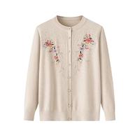 Generico Cardigan Lavorato a Maglia per Donna di Mezza età E anziana, Casual, Girocollo, con Stampa Ricamata, da Mamma, Caldo, Cappotto, Giacca, Primavera, Autunno, Beige, Taglia L