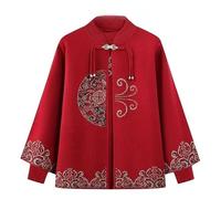 Generico Cardigan Twinset da Donna per Mezza età E Anziani, Coordinato Lavorato A Maglia, Cardigan E Maglione - Maglione Poncho con Mantello Floreale Ricamato in Due Pezzi con Strass Rosso L