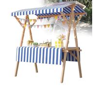 Generico Carrello per Alimenti Pieghevole in Legno - Bancarella Leggera con Tenda da Sole per mercati agricoli e fiere dell'artigianato, espositore Portatile per Esterni, Senza Ruote, 150x60x200 cm