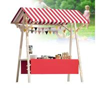 Generico Carrello portavivande Pieghevole in Legno con Tenda da Sole - Bancarella per venditori all'aperto per mercati agricoli, fiere di Strada e mostre Artigianali - Espositore Portatile, 120x60x20