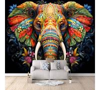 Generico carta da parati cameretta 250x370cm Elefante Colorato carta da parati floreale Stampa 3D su tela effetto olio senza interruzioni, per salotto o stanza degli ospiti EB24-6810