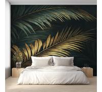 Generico Carta da Parati Foglie di Palma Verde Oro, 250X175cm, Carta da Parati Tessuto Non Tessuto Foglia Tropicale Modern, Camera da Letto Decorazioni Parete Soggiorno Decorazione Cucina Décor EL&D44