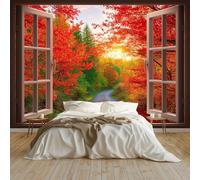 Generico Carta Da Parati Fotografica 3d Effetto Paesaggio Autunnale Fuori Dalla Finestra Moderna Design 200x140 cm Carta per Pareti Soggiorno Camera Da Letto Sala Fotomurali Non Tessuto, Rosso
