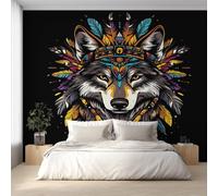 Generico Carta da Parati Lupo Indiano, 250X175cm, Carta da Parati Tessuto Non Tessuto Testa di Lupo Copricapo di Piume, Camera da Letto Decorazioni Parete Soggiorno Decorazione Cucina Décor EL&D57