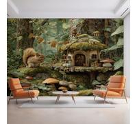 Generico Carta da Parati Mondo delle Fiabe, 260X175cm, Carta da Parati Tessuto Non Tessuto Scoiattolo Foresta Capanna, Camera da Letto Decorazioni Parete Soggiorno Decorazione Cucina Décor EL&D56